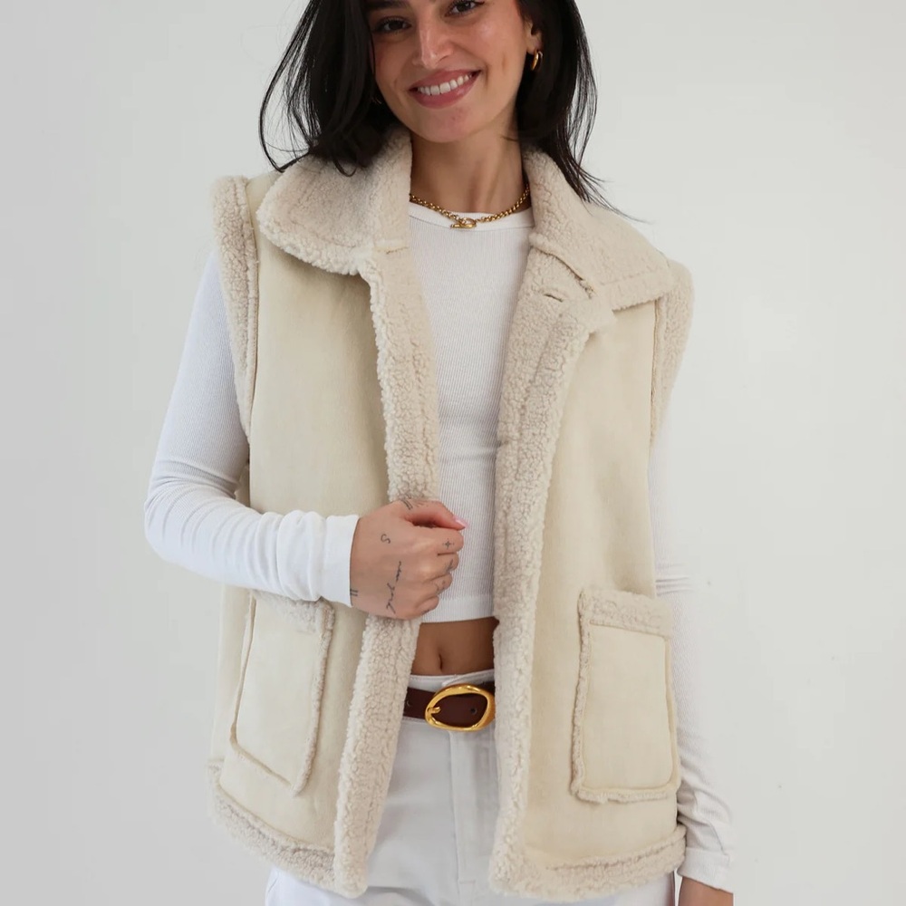 Faux‎ Suede Sherpa Vest Large Sleeveless Button Up Pockets Winter Warm Cozy